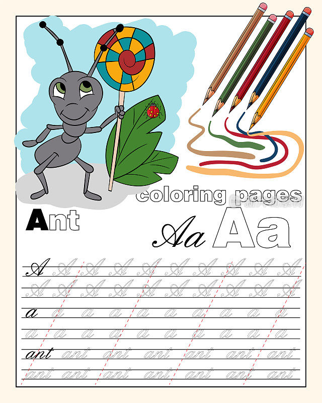 color_1_illustration of the English alphabet page with animal drawings with a line for writing English letters